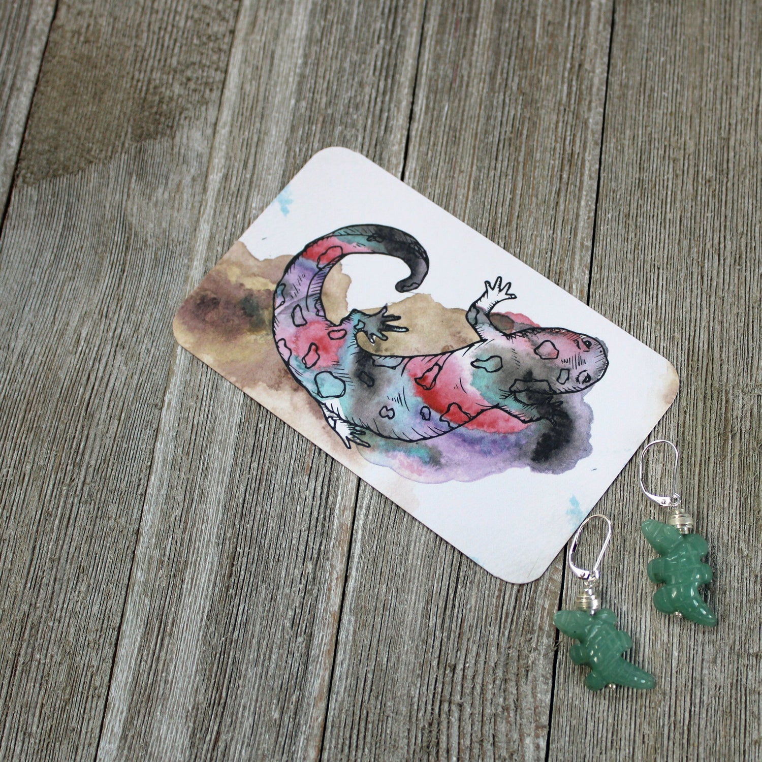 Lizard Earrings - green aventurine lizard jewelry hanging from silver lever back ear wires, a charming gift for alligator and crocodile lovers.