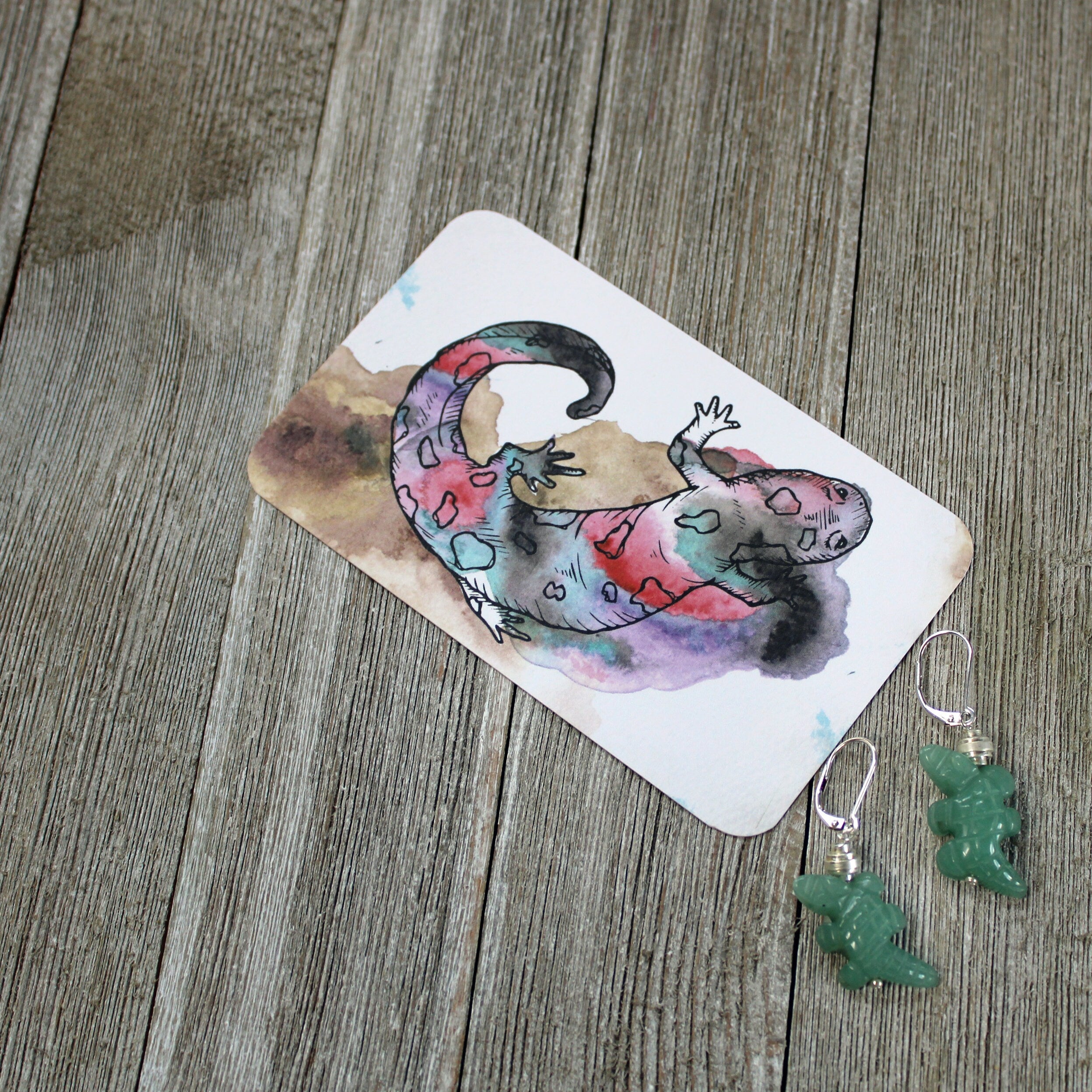 Lizard Earrings - green aventurine lizard jewelry hanging from silver lever back ear wires, a charming gift for alligator and crocodile lovers.