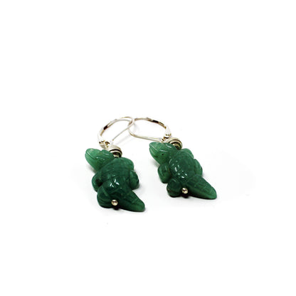 Lizard Earrings - carved aventurine green lizard jewelry displayed on a soft background, perfect as a unique gift for lizard lovers.
