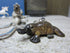 The Exotic Porcelain Platypus Figurine Bookmark for Book Reader Gift, featuring a handy metal loop, rests on wood as an ideal whimsical page marker. A blurred ceramic animal and silver object enhance the scene&