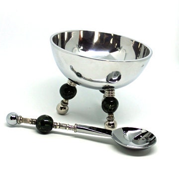 Holiday Trinket Box set featuring a stainless steel finish and green globe ceramic legs for festive gatherings