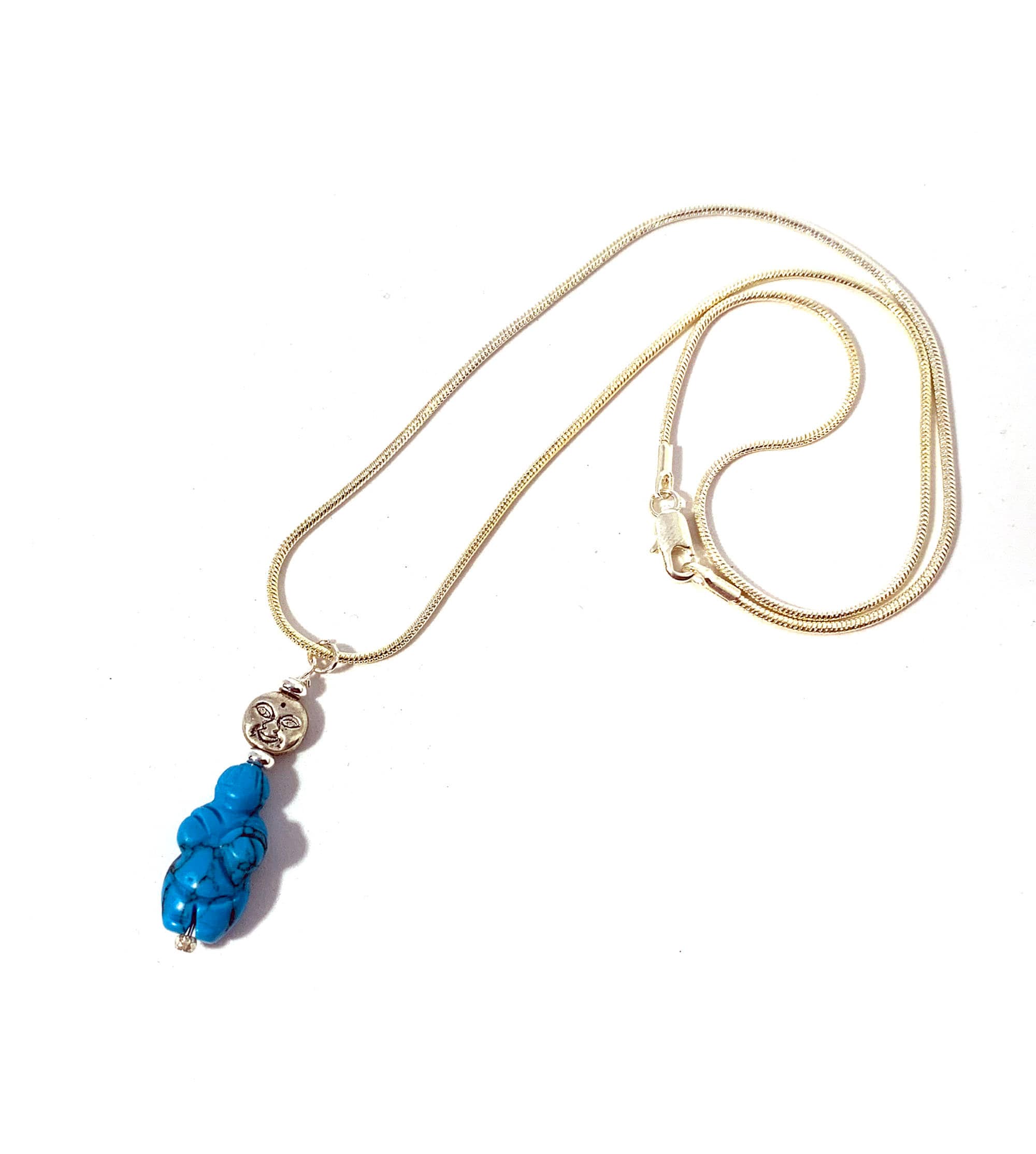 Goddess of Willendorf - Moon Priestess Turquoise Pendant showcased elegantly with a full moon in the background, perfect as spiritual jewelry and a self-love gift.