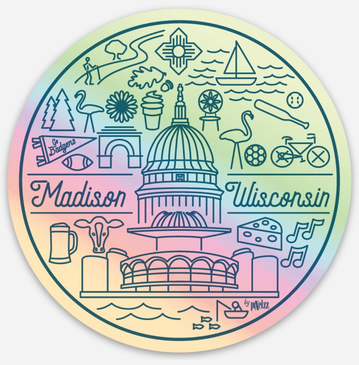 Madison Wisconsin Holographic Sticker | Rainbow Iridescent City Art | WI Isthmus Skyline Decal