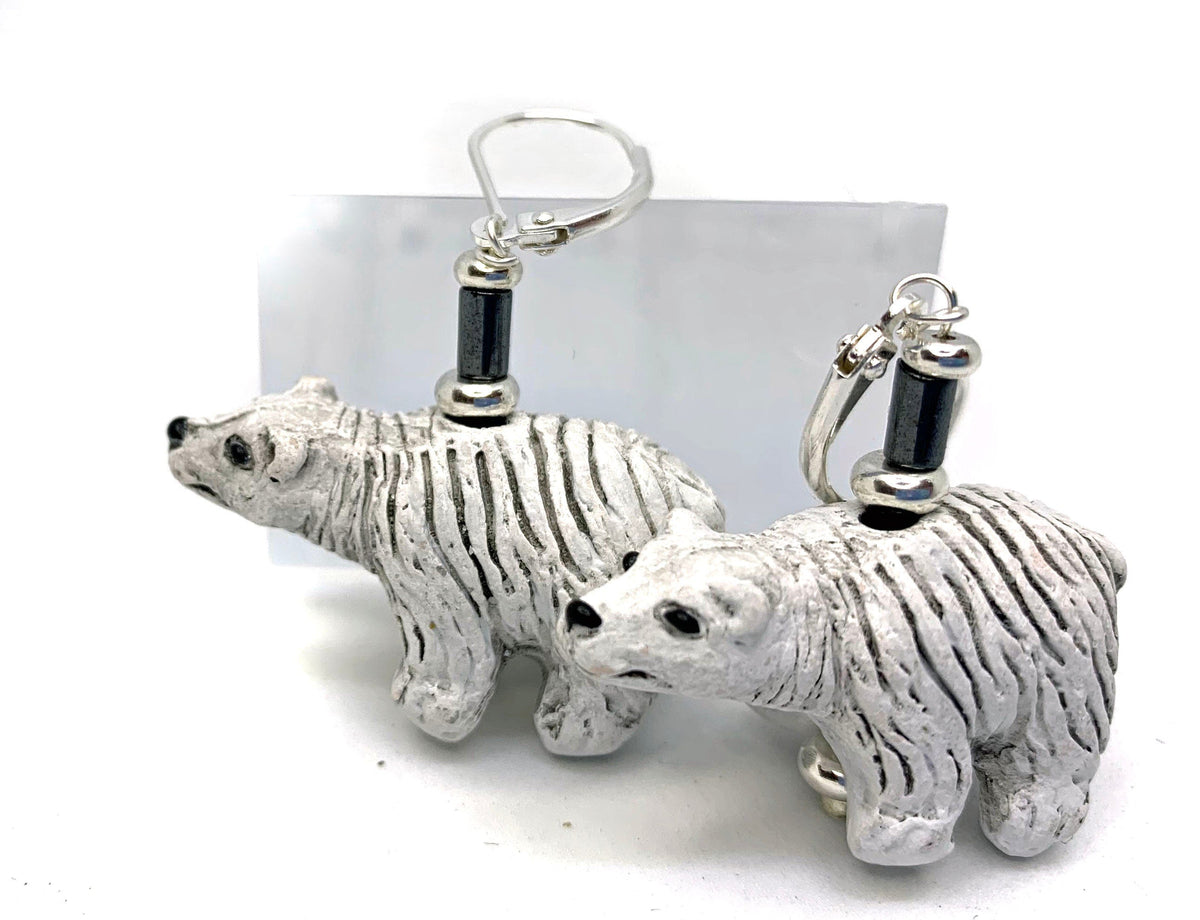 Close-up of Polar Bear Jewelry - Hand Painted Earring featuring a ceramic drop design, perfect for animal lovers and as a unique gift.
