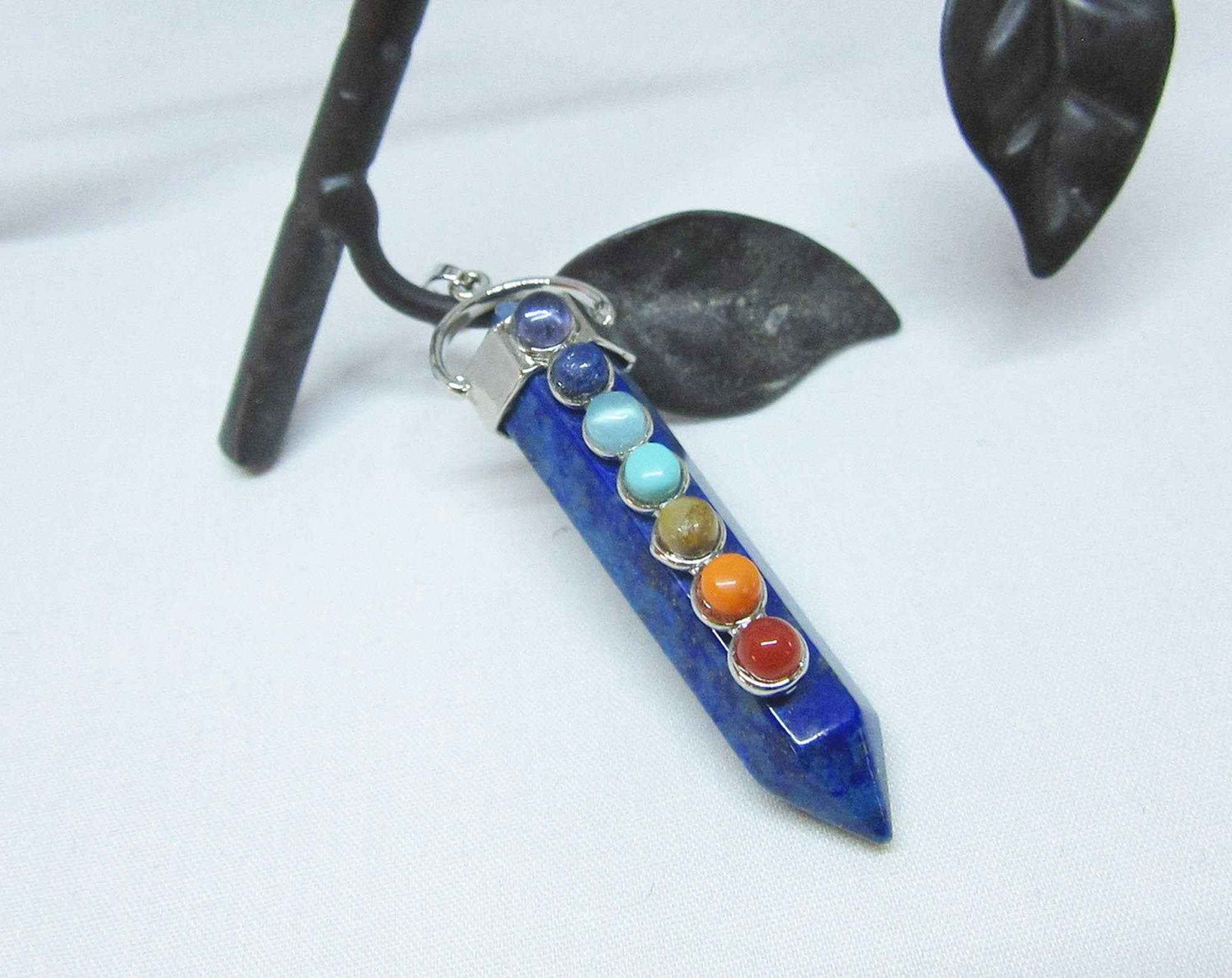 Chakra Stones Pendant Set - Handcrafted 7 Chakra Rose Quartz &amp; Moonstone Wand Necklace with Opalite Earrings