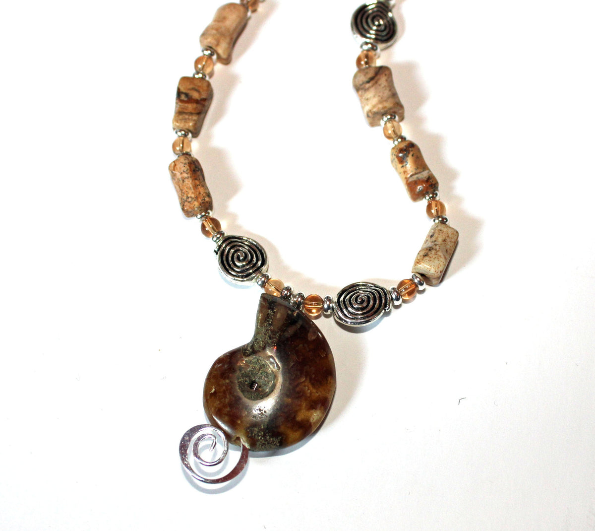 Soulmate necklace set with large ammonite fossil pendant and faceted jasper accent bead.