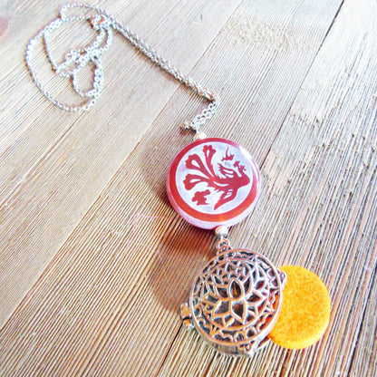 Dragon &amp; Peacock Etched Carnelian Aromatherapy Jewelry Gifts - Essential Oil Diffuser Necklace