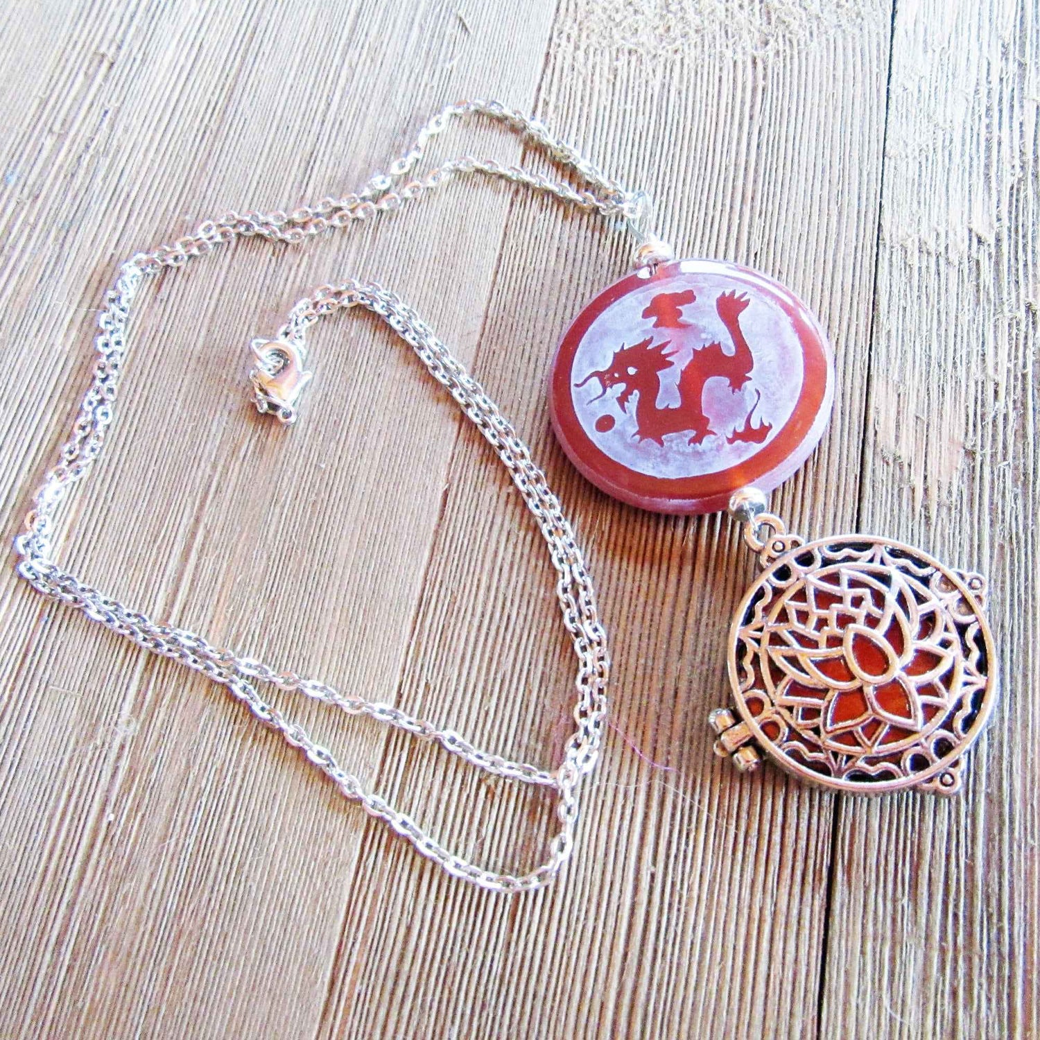 Dragon &amp; Peacock Etched Carnelian Aromatherapy Jewelry Gifts - Essential Oil Diffuser Necklace