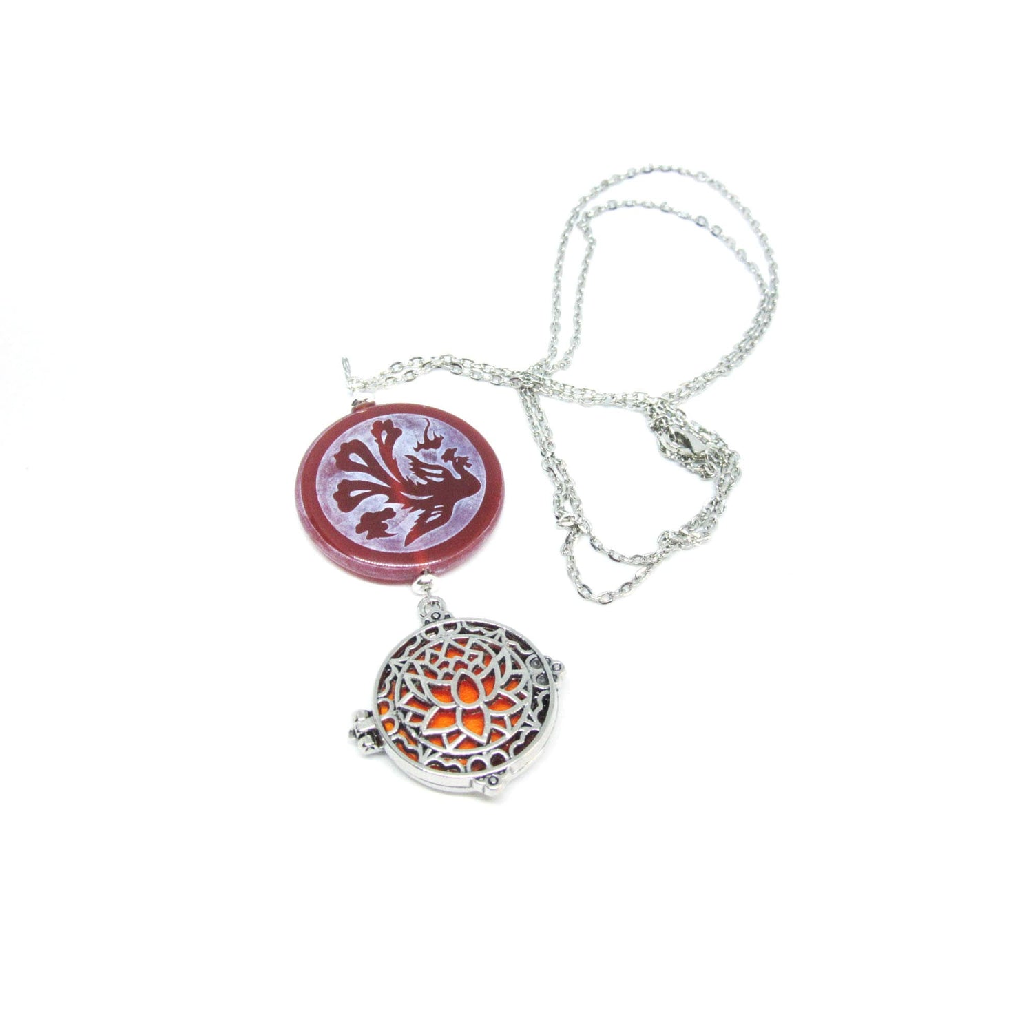 DRAGON &amp; PEACOCK Etched Carnelian Jewelry - essential oil locket, aromatherapy essential oils diffuser necklace, lotus transforming power
