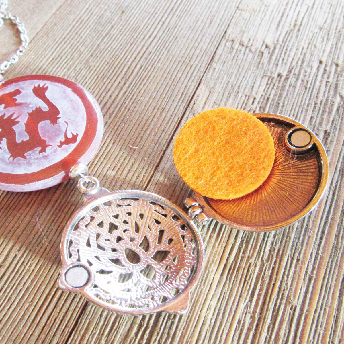 Dragon &amp; Peacock Etched Carnelian Aromatherapy Jewelry Gifts - Essential Oil Diffuser Necklace