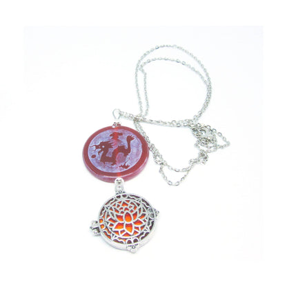 DRAGON &amp; PEACOCK Etched Carnelian Jewelry - essential oil locket, aromatherapy essential oils diffuser necklace, lotus transforming power