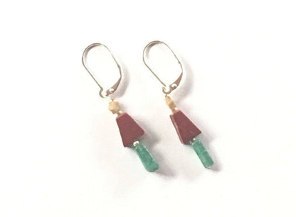 Christmas Tree Earrings featuring minimalist design with green red jasper stones, perfect for holiday jewelry.