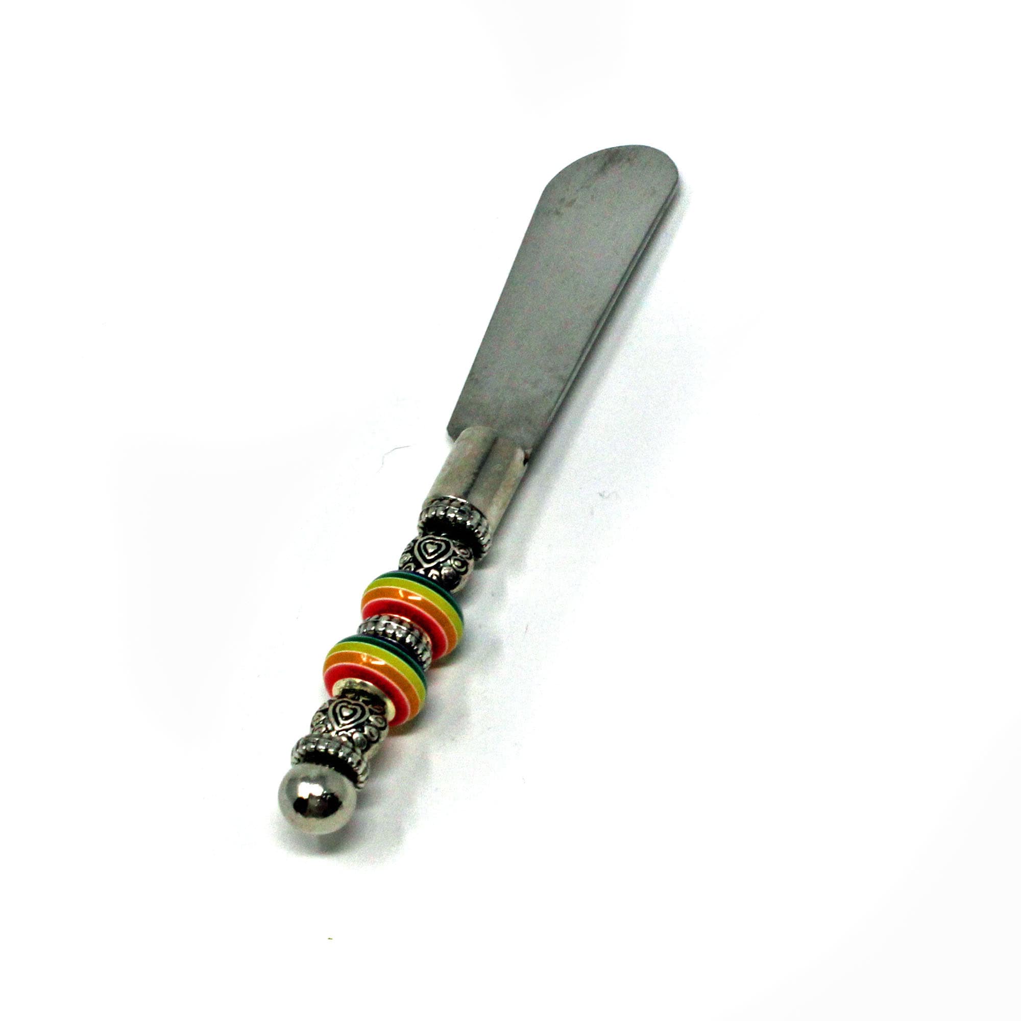 Beautifully designed soft cheese spreader knife with a sleek silver handle and cheerful rainbow beads, great for enhancing dining experiences and perfect for gift giving.
