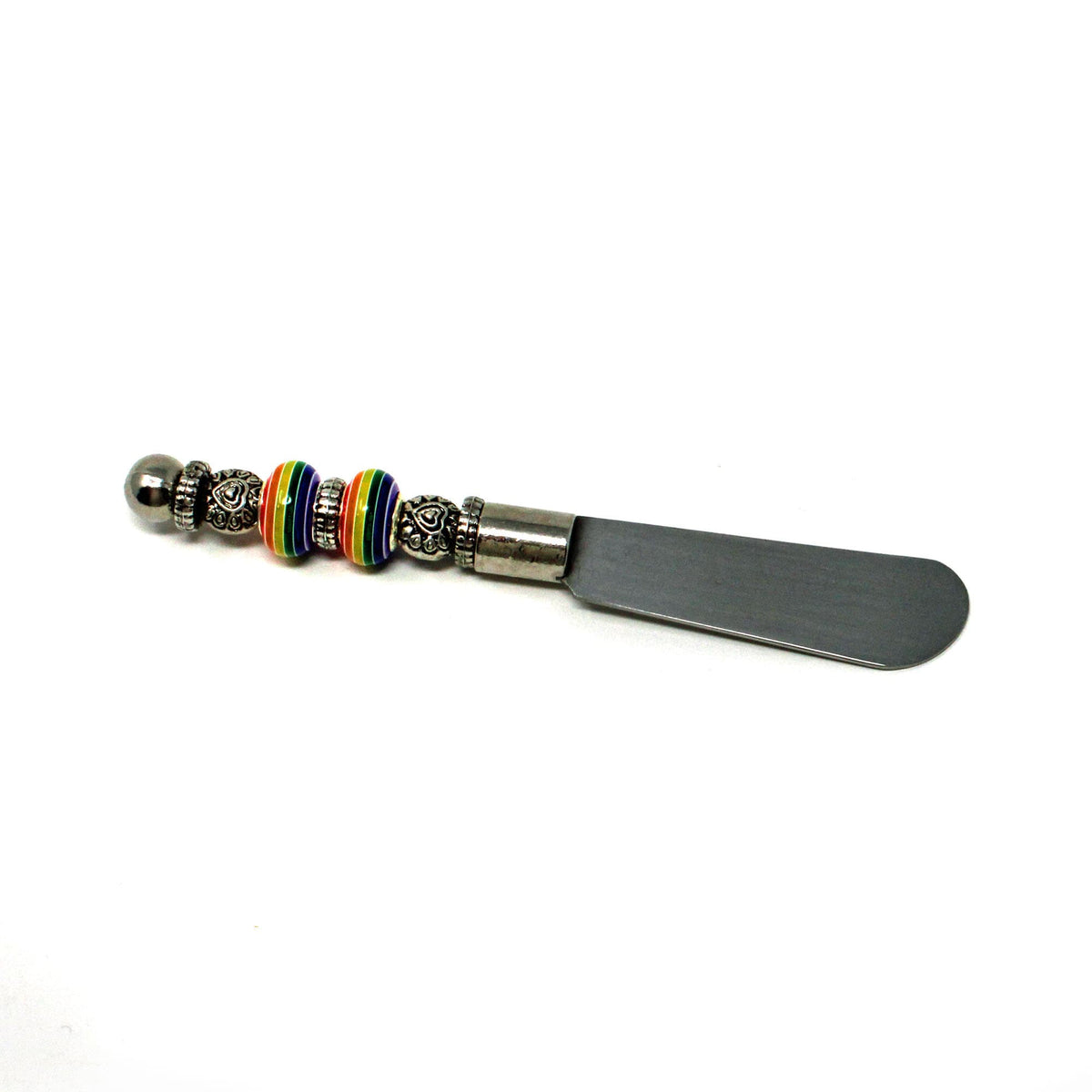Colorful rainbow cheese spreader knife from Enlivenadorn by Gwynstone - Unique Style Knife for chutney and soft spreads, perfect gift for Rainbow Pride.