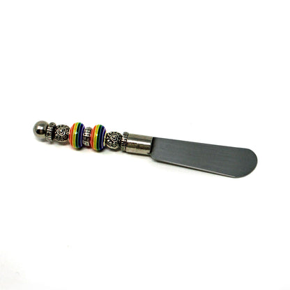 Colorful rainbow cheese spreader knife from Enlivenadorn by Gwynstone - Unique Style Knife for chutney and soft spreads, perfect gift for Rainbow Pride.