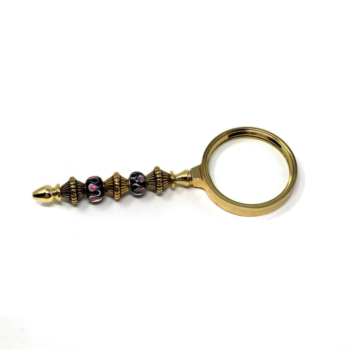 Front view of Gold Magnifier showcasing its Black and Pink Handle, a perfect gift for grandparent, Hand Held Magnifier with Magnifying Art Glass