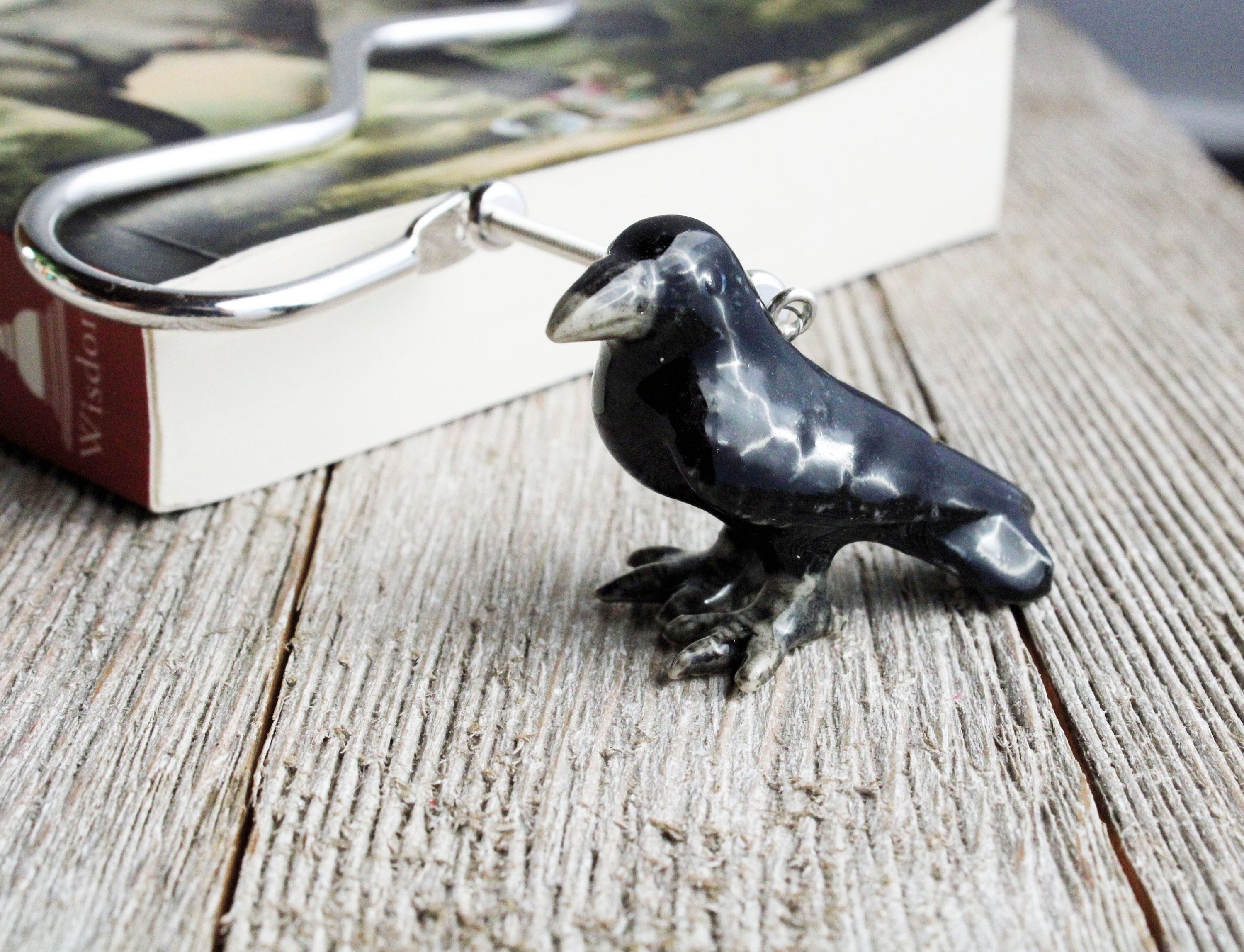 RAVEN BOOKMARK - Hand-crafted metal bookmark featuring a raven figurine, perfect gift for book lovers and readers.