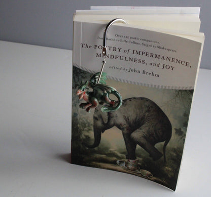 Dragon Metal Bookmark gift featuring a green dragon for a reader; a unique gift for fantasy lovers and gamers.