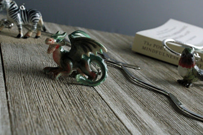 Porcelain green dragon decorative bookmark for reading; ideal mythical animal gift for a fantasy enthusiast.