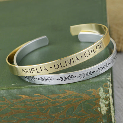 Design Your Own Custom Bracelet • Custom Kids Name Layering Cuff • Personalized Skinny Stacking Bracelet • New Mom and Grandmother Gift