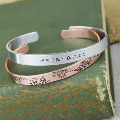Design Your Own Custom Bracelet • Custom Kids Name Layering Cuff • Personalized Skinny Stacking Bracelet • New Mom and Grandmother Gift