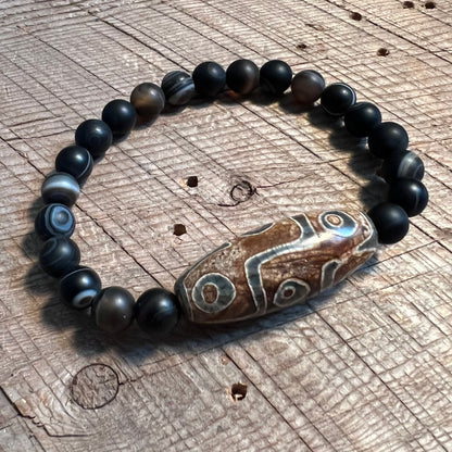 SariBlue® Tibetan Nine Eye Dzi Bracelet With Black Striated Agate