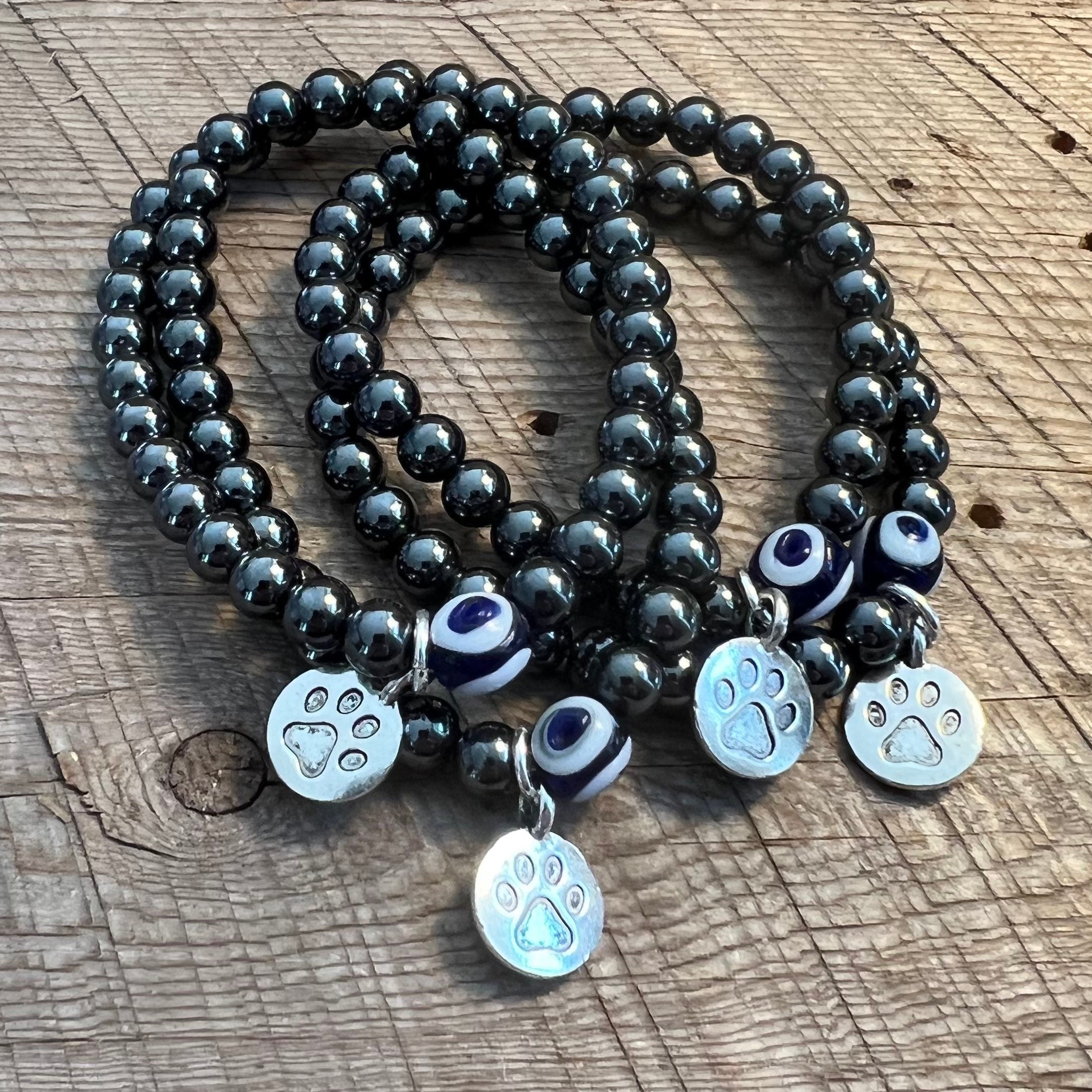 SariBlue® Hematite and Evil Eye Bracelet with Pewter Paw Print Charm