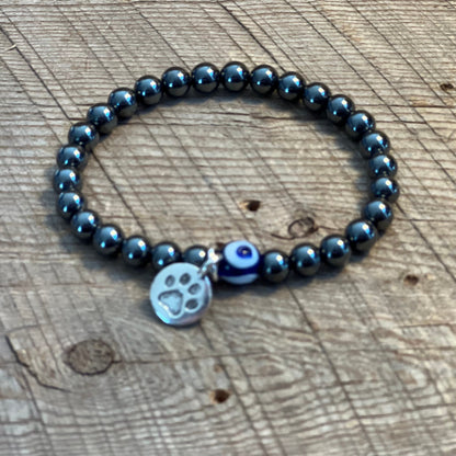 SariBlue® Hematite and Evil Eye Bracelet with Pewter Paw Print Charm