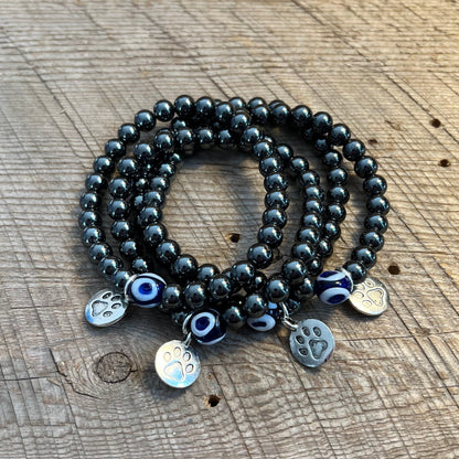 SariBlue® Hematite and Evil Eye Bracelet with Pewter Paw Print Charm