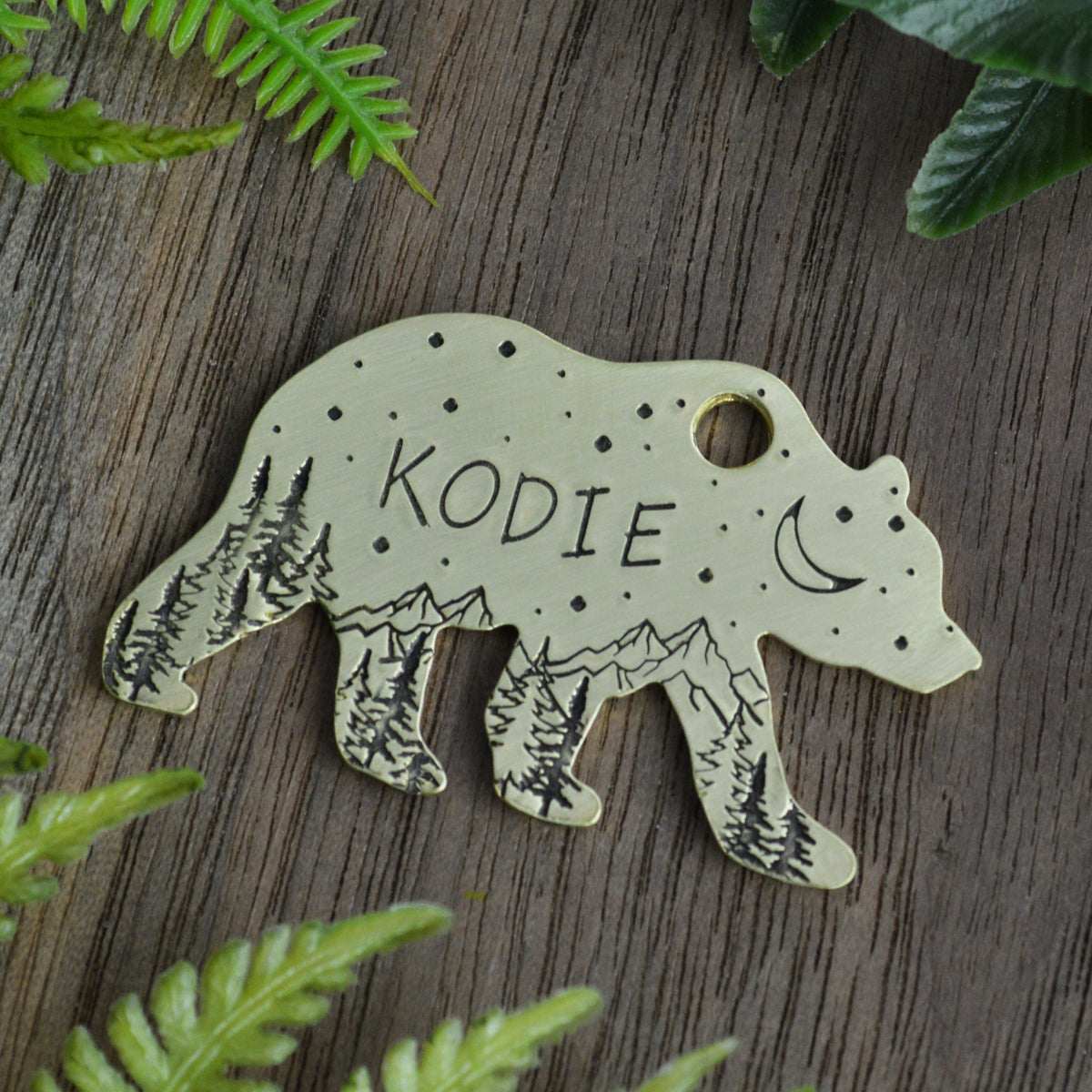 Bear on the Peaks Hand Stamped Dog Collar Tag 