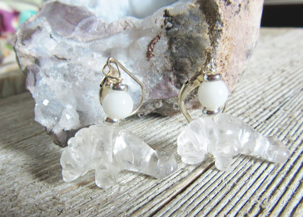 Manatee Earrings featuring Clear Quartz Drop design, carved stone jewelry perfect for ocean lovers.
