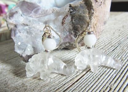 Manatee Earrings featuring Clear Quartz Drop design, carved stone jewelry perfect for ocean lovers.