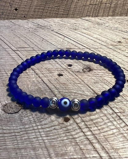 SariBlue® Cobalt MINI Cultured Seaglass Evil Eye Bracelet