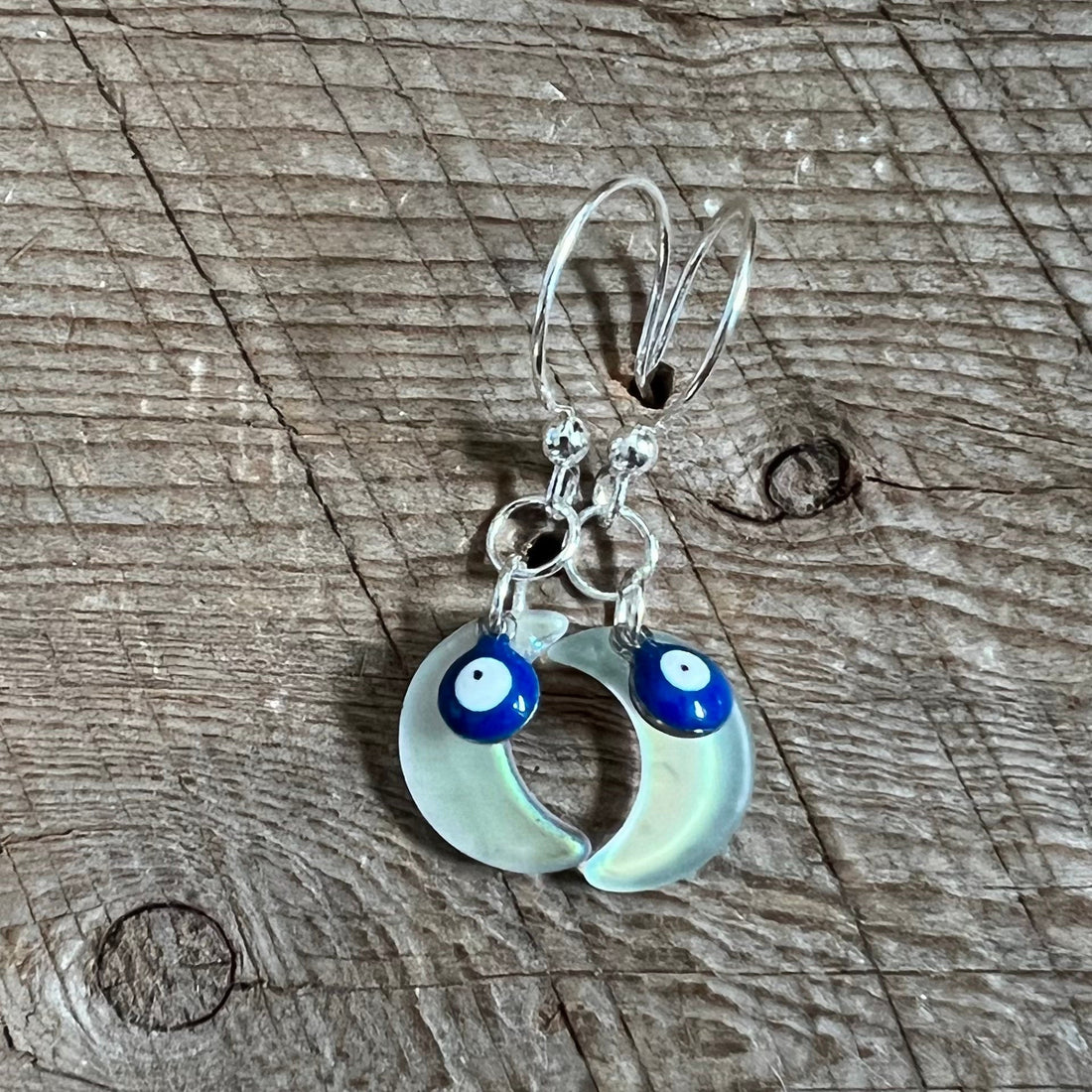 SariBlue® Iridescent Crescent Moon and Evil Eye Earrings