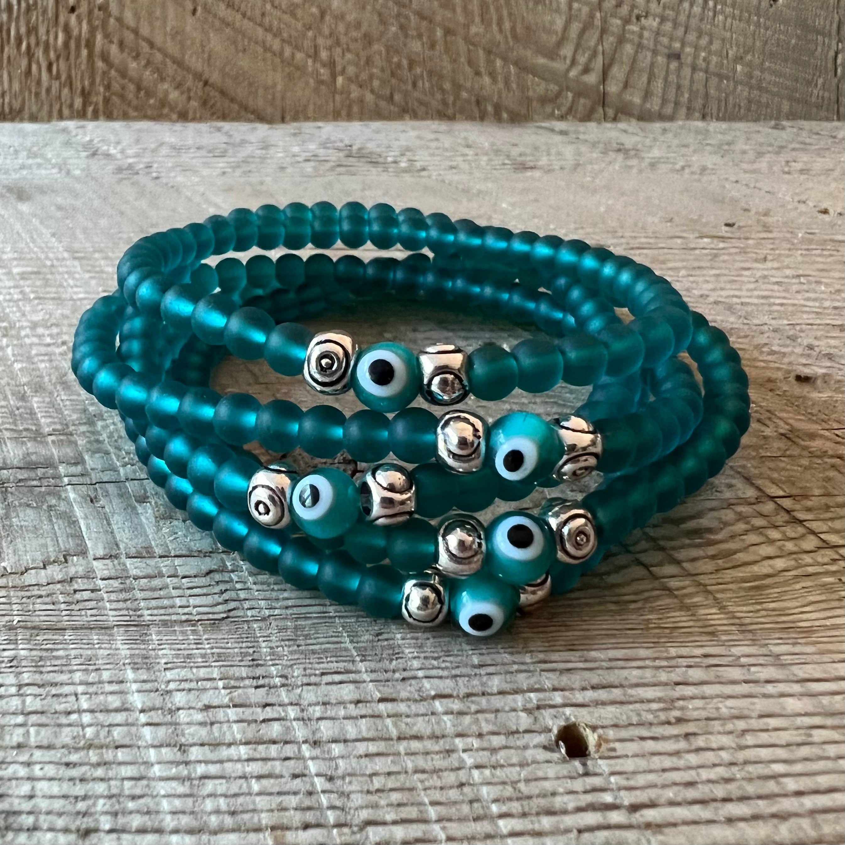 SariBlue® Cultured Seaglass Evil Eye Bracelet - Teal Green MINI