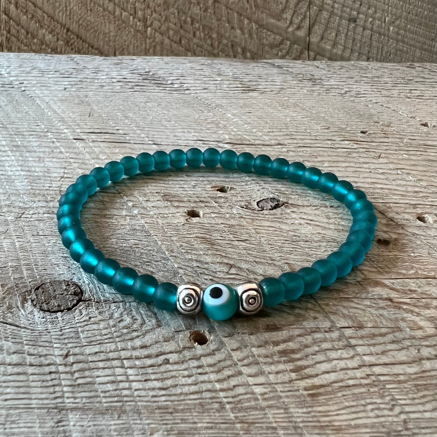 SariBlue® Cultured Seaglass Evil Eye Bracelet - Teal Green MINI
