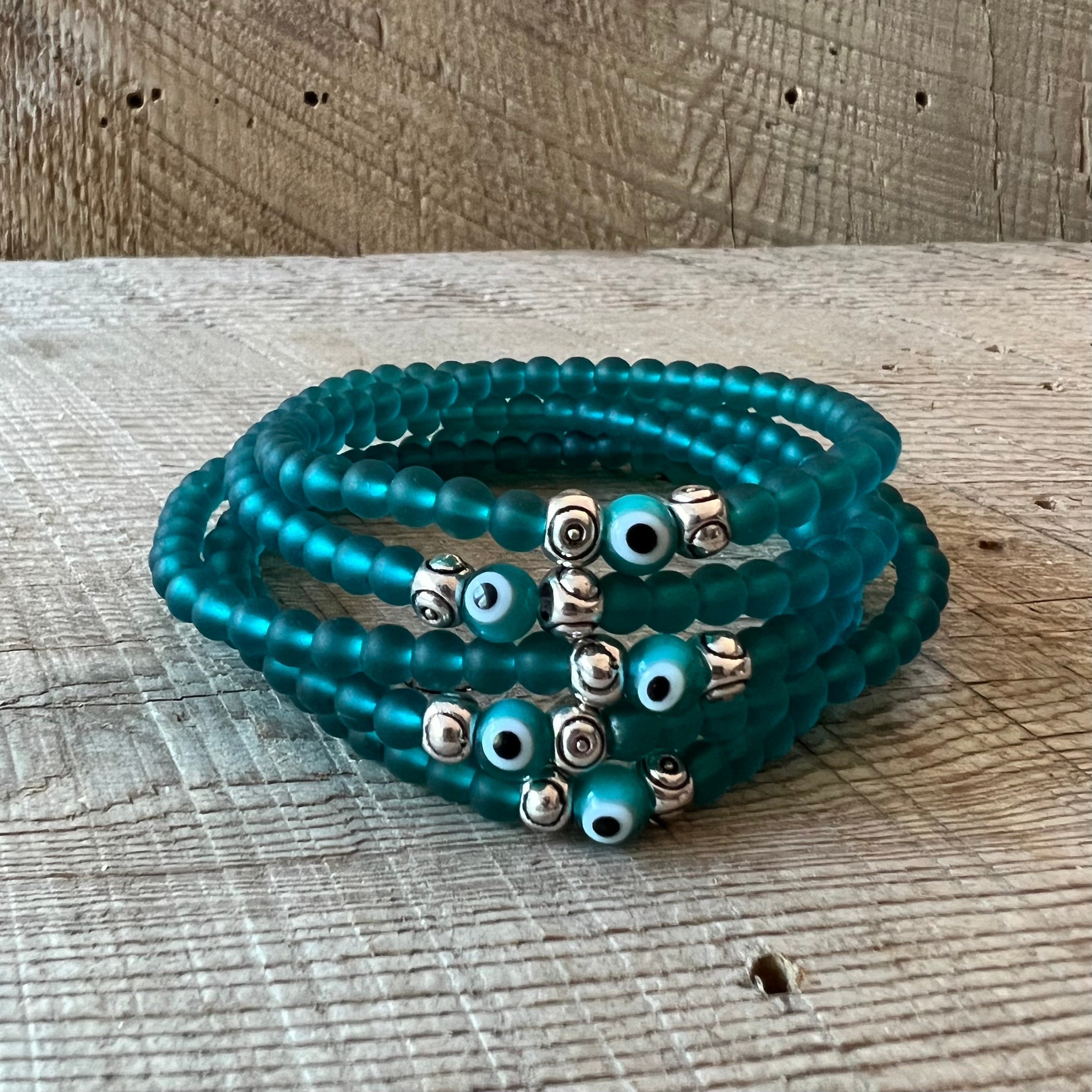SariBlue® Cultured Seaglass Evil Eye Bracelet - Teal Green MINI