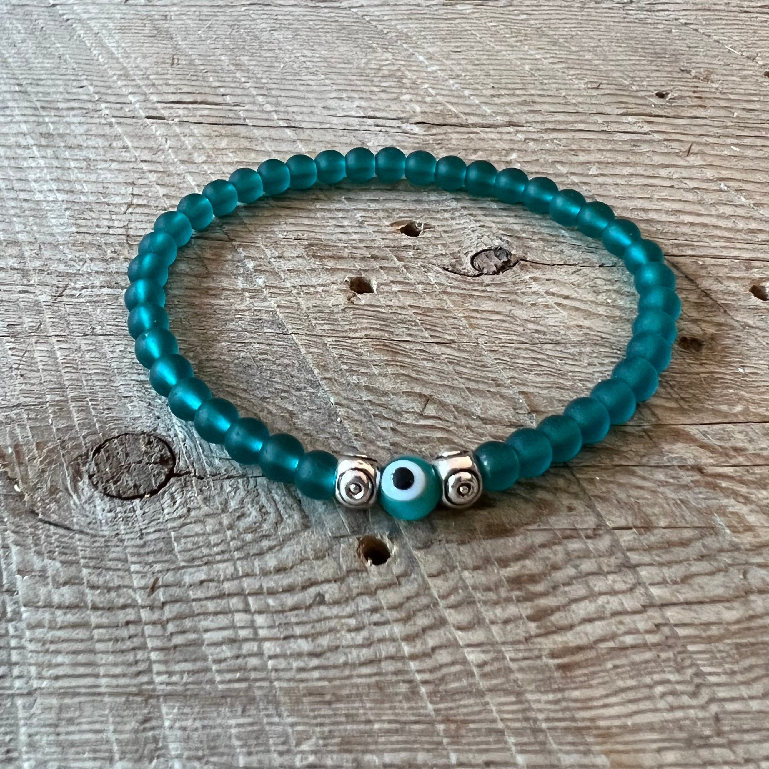SariBlue® Cultured Seaglass Evil Eye Bracelet - Teal Green MINI