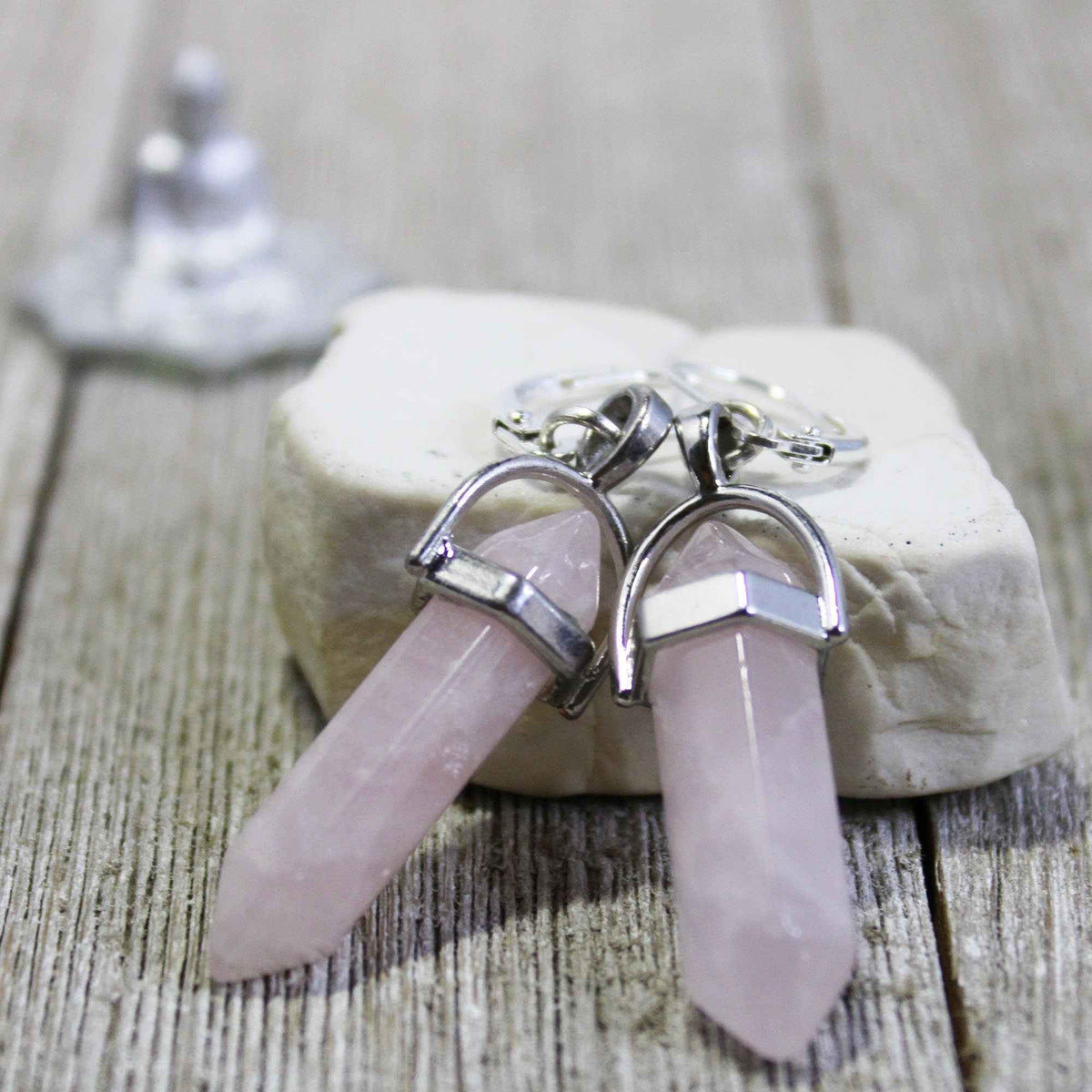Chakra Stones Pendant Set - Handcrafted 7 Chakra Rose Quartz &amp; Moonstone Wand Necklace with Opalite Earrings