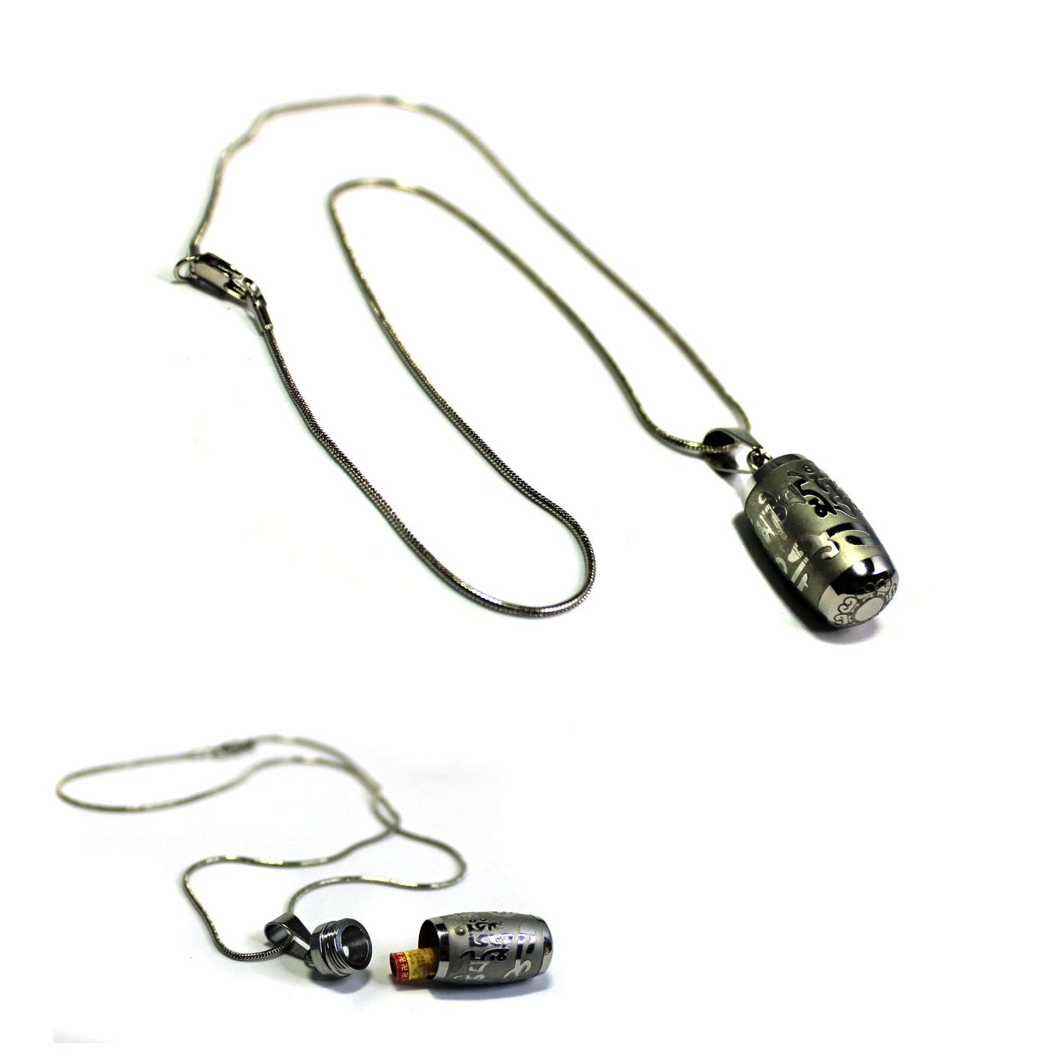 Close-up view of the SECRET CHAMBER Reflection Barrel Necklace showcasing its zen style design, includes a 22 inch chain, ideal for spiritual wear.