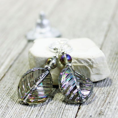 Crystal Leaf Earrings showcasing art glass aurora borealis with a shimmering AB finish in gray and pastel tones. Perfect nature aesthetic gift.