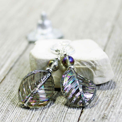 Nature Aesthetic Earrings - Gray &amp; Pastel Art Glass Leaf Dangle Jewelry with AB Finish