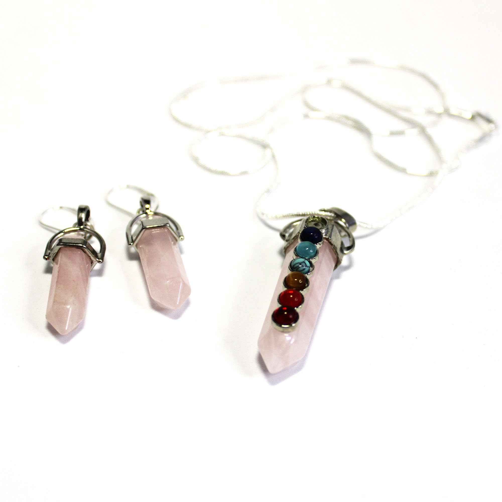 Chakra Stones Pendant Set - Handcrafted 7 Chakra Rose Quartz &amp; Moonstone Wand Necklace with Opalite Earrings