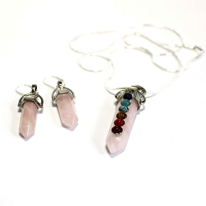 Chakra Stones Pendant Set - Handcrafted 7 Chakra Rose Quartz &amp; Moonstone Wand Necklace with Opalite Earrings