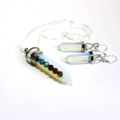 Chakra Stones Pendant Set - Handcrafted 7 Chakra Rose Quartz &amp; Moonstone Wand Necklace with Opalite Earrings