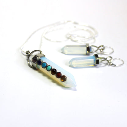 Opalite Wand Pendant with chakra stones showcasing beautiful opalite and chakra stones in a stunning necklace and earrings set.