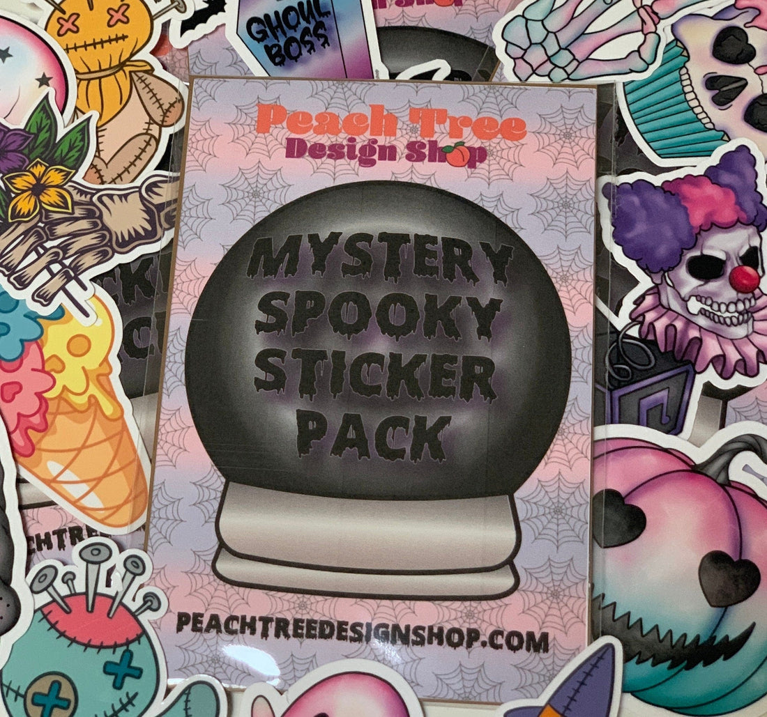 Mystery Spooky Sticker Pack words in a crystal ball design cover for a sticker pack with a pile of spooky stickers under it. Great Halloween gift for all ages
