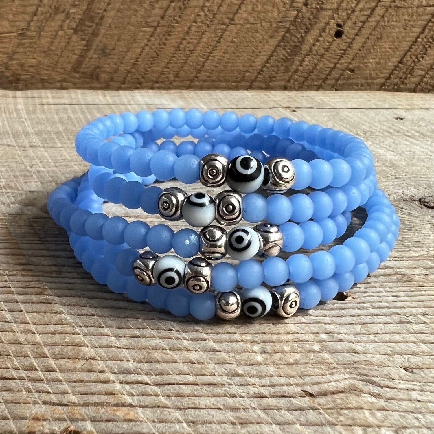 SariBlue® Cultured Seaglass Evil Eye Bracelet - Cornflower Blue MINI