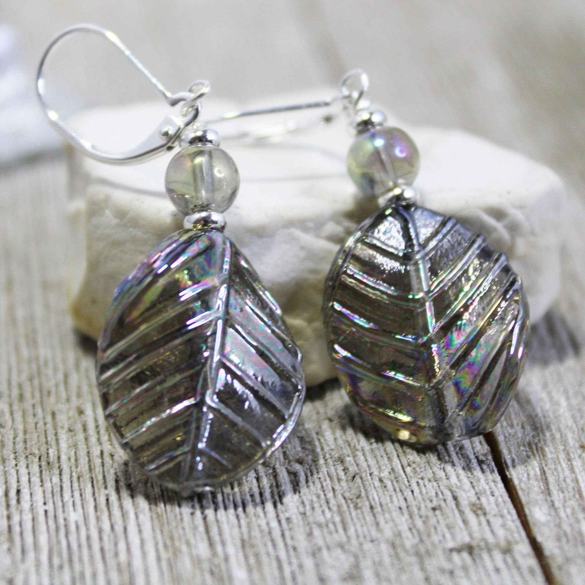Nature Aesthetic Earrings - Gray &amp; Pastel Art Glass Leaf Dangle Jewelry with AB Finish