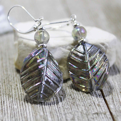 Nature Aesthetic Earrings - Gray &amp; Pastel Art Glass Leaf Dangle Jewelry with AB Finish